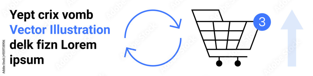 Shopping cart icon with number three, circular arrows, left text block. Ideal for e-commerce, shopping, marketing, inventory management, product tracking, online retail, web design. Landing page Shopping cart icon with number three, circular arrows, left text block. Ideal for e-commerce, shopping, marketing, inventory management, product tracking, online retail, web design. Landing page