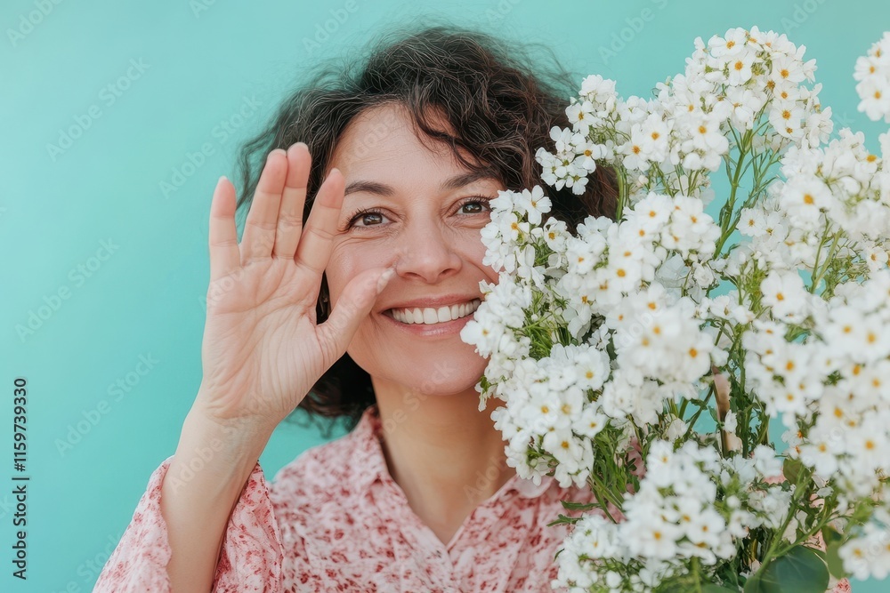 Middle aged woman smiles while holding white flowers and making an OK sign with her hand peering through her fingers Middle aged woman smiles while holding white flowers and making an OK sign with her hand peering through her fingers
