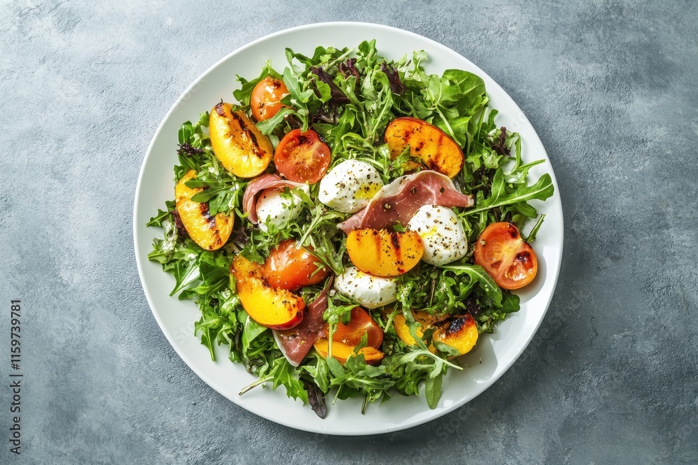 Mozzarella tomatoes prosciutto and grilled peaches on a white plate against a gray concrete backdrop Summer salad Overhead shot Mozzarella tomatoes prosciutto and grilled peaches on a white plate against a gray concrete backdrop Summer salad Overhead shot
