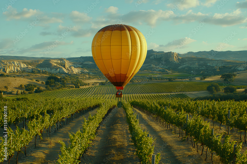 Obraz premium Hot air balloon soaring over picturesque vineyards, Cappadocia, Turkey. Golden hour light illuminates the landscape.