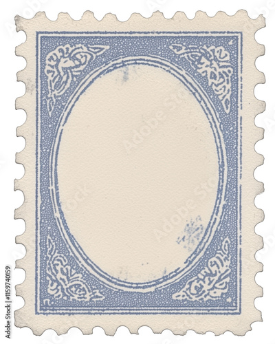 Postage stamp vintage beige and blue vertical empty space oval old blue ink weathered design postage stamp with copy space