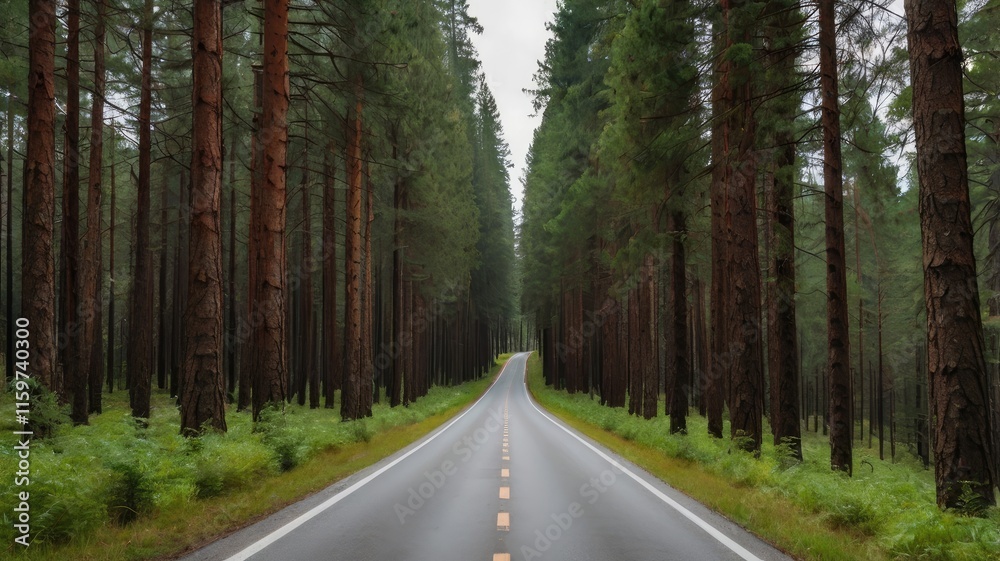 Fototapeta premium highway road trip,Straight road bordered by lush green pine forests