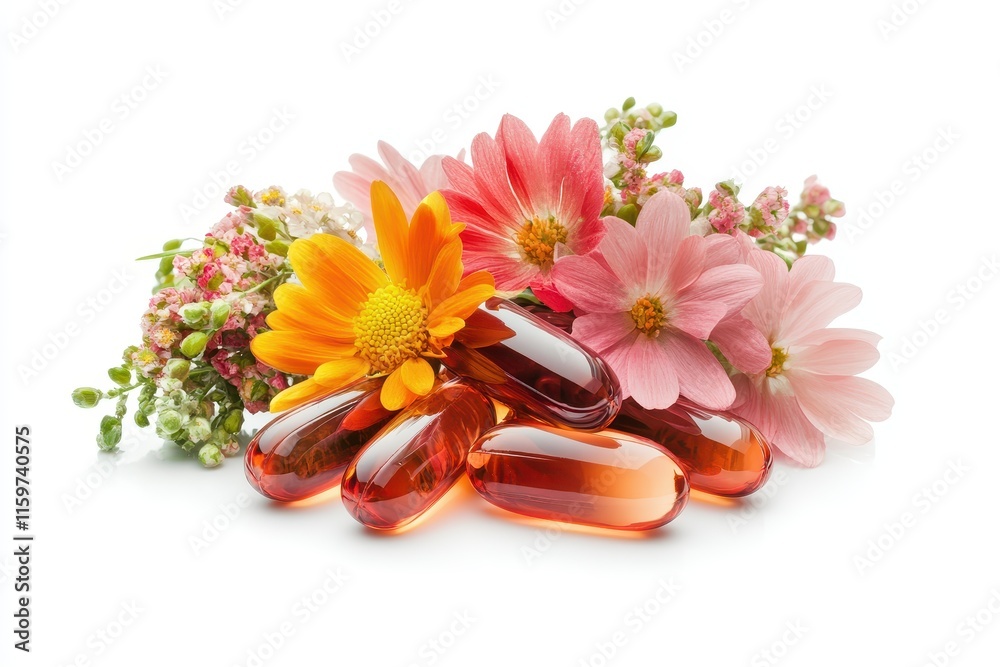 Omega 3 gel capsules made from cod liver oil on a white background alongside fish oil capsules and spring flowers Vitamins Omega 3 gel capsules made from cod liver oil on a white background alongside fish oil capsules and spring flowers Vitamins