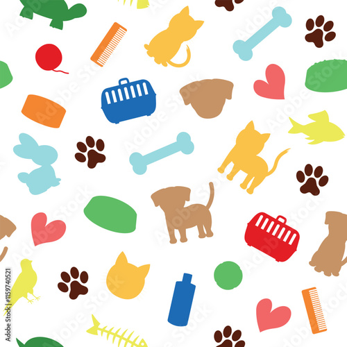 Colorful Pattern of Animals and Pet Shop Items - Colored Silhouettes of Dogs, Cats, Rabbit, Bird, Food, Toys, Bones, Stethoscope, Footprints and more. Seamless Link.