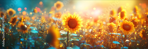 A music festival in a sunflower field, with vibrant colors from the stage lights mixing with the golden yellow of the flowers, creating an ethereal atmosphere.  