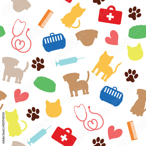 Colorful Pattern of Pets and Veterinary Items - Colored Silhouettes of Dogs, Cats, Food, Carrying Box, Syringe, Stethoscope, Footprints and more. Seamless Link. photo