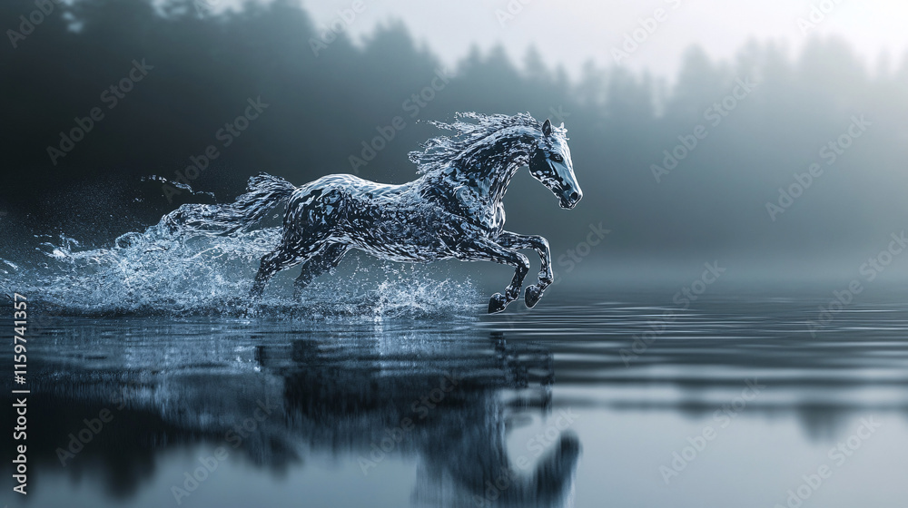 Obraz premium A mystical horse made of water galloping through a calm lake, its body splashing and reforming as it moves, symbolizing fluidity and freedom. 