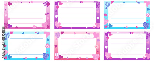 Set of colorful notebook name stickers with different style hearts and copy space. Vector illustration for school supplies. Labels.