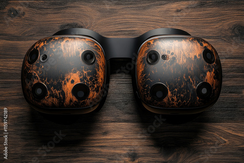 A pair of HTC Vive Pro 2 VR headsets with a custom distressed wood finish. photo