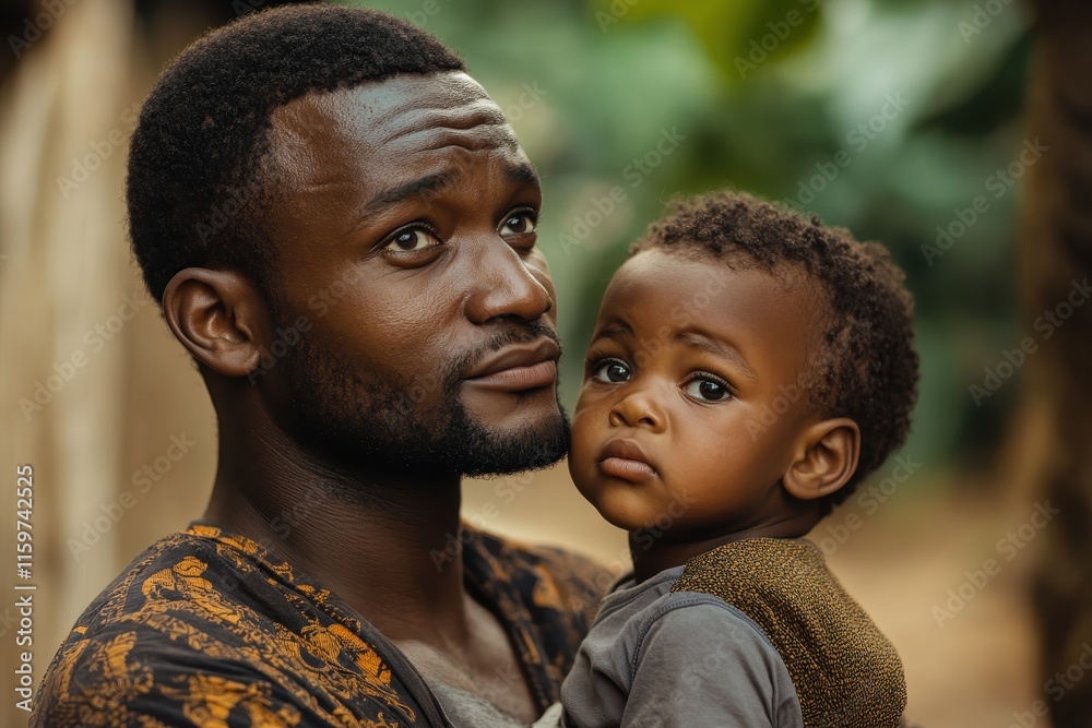 Proud young African dad gazing intently at his son in his embrace Proud young African dad gazing intently at his son in his embrace