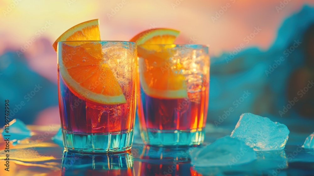 Two refreshing cocktails with orange slices and ice, set against a vibrant sunset backdrop. Two refreshing cocktails with orange slices and ice, set against a vibrant sunset backdrop.