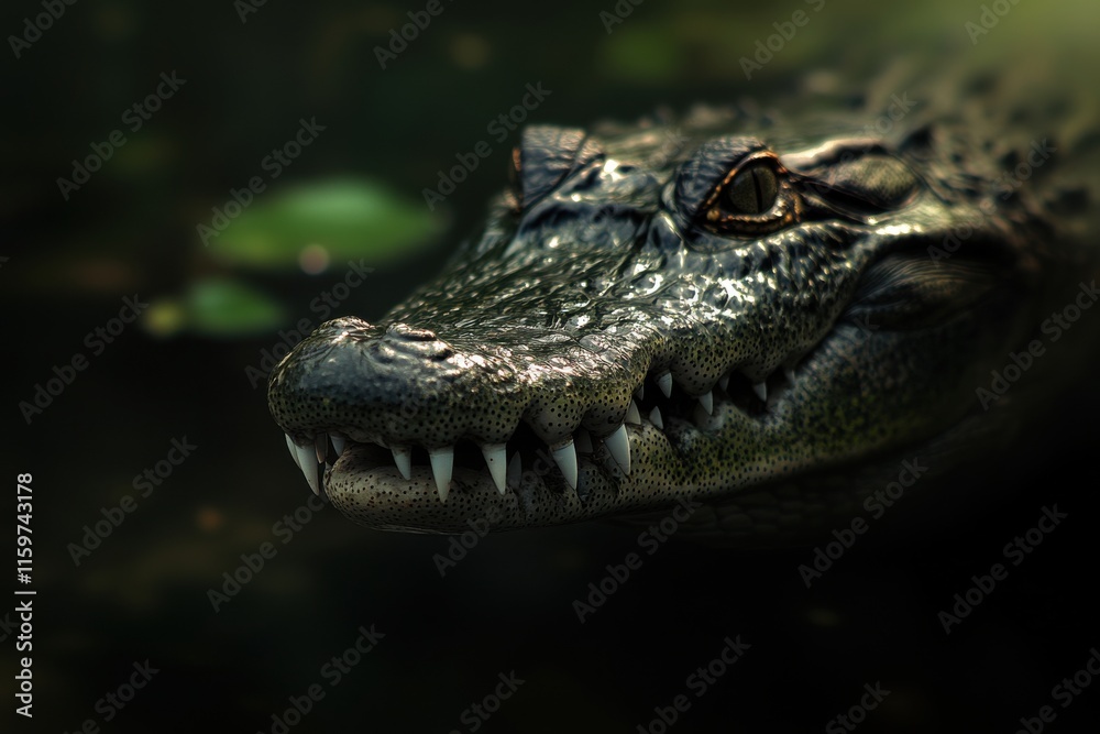 Fototapeta premium Alligator head in closeup macro photography with dramatic lighting