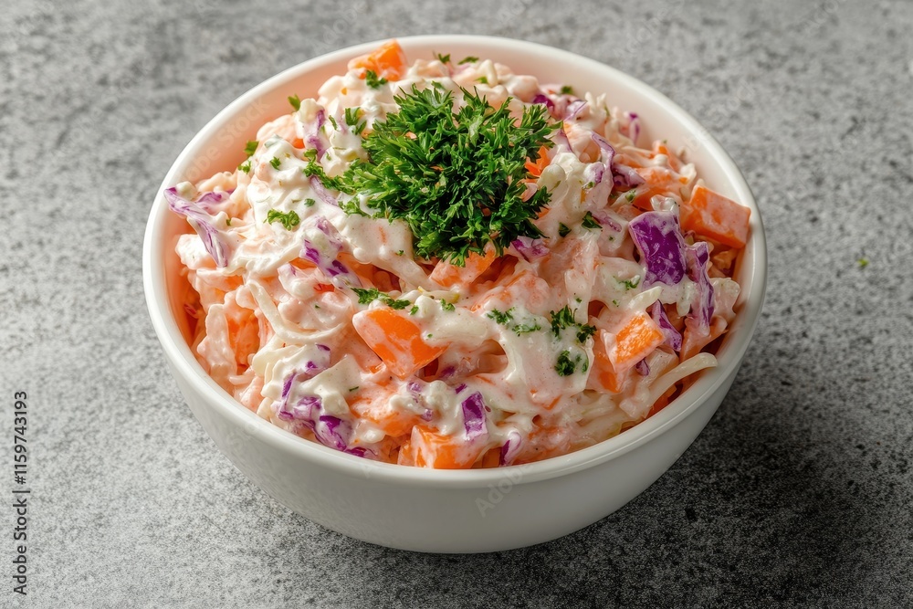 Red cabbage and carrot slaw with mayo in a white bowl on gray concrete Vegan healthy dish Red cabbage and carrot slaw with mayo in a white bowl on gray concrete Vegan healthy dish