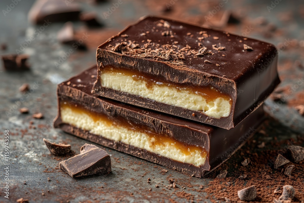 Rich chocolate bar with milk cream and caramel split in half Close up shot Rich chocolate bar with milk cream and caramel split in half Close up shot