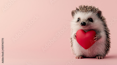  A cute hedgehog  holding a red heart , set against a soft pink background flat surface. The design features ample blank space, making it perfect for a Valentine’s Day gift car