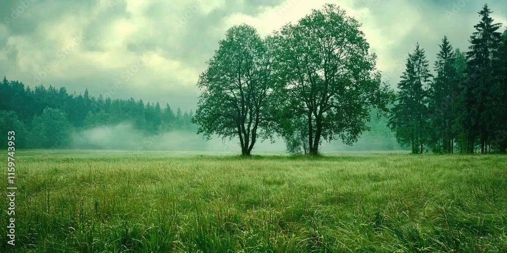 Fototapeta premium Misty morning in a green field with two trees and a forest in the background.
