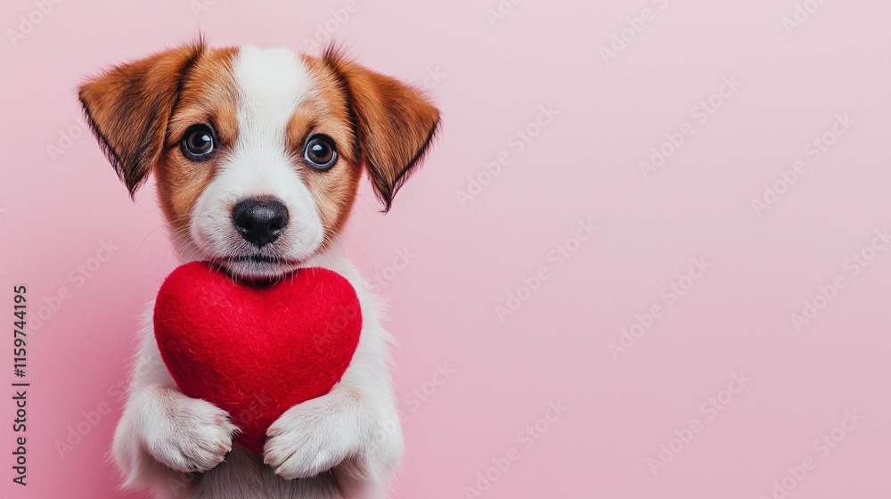 A cute dog holding a red heart , set against a soft pink background flat surface. The design features ample blank space, making it perfect for a Valentine’s Day gift card A cute dog holding a red heart , set against a soft pink background flat surface. The design features ample blank space, making it perfect for a Valentine’s Day gift card