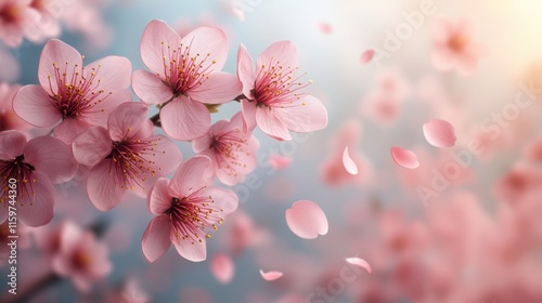 Delicate Cherry Blossom Flowers in Bloom with Soft Background and Falling Petals Creating a Serene and Romantic Atmosphere for Spring Aesthetic