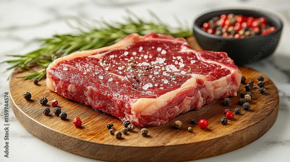 Fresh Raw Steak on Wooden Cutting Board Surrounded by Colorful Spices and Herbs on Marble Countertop for Culinary and Cooking Themes Fresh Raw Steak on Wooden Cutting Board Surrounded by Colorful Spices and Herbs on Marble Countertop for Culinary and Cooking Themes