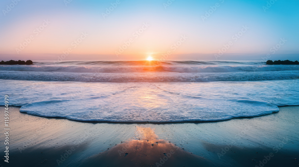 Obraz premium A serene sunrise over calm ocean waves, casting a warm glow on the sandy shore, creating a tranquil and peaceful beach scene.