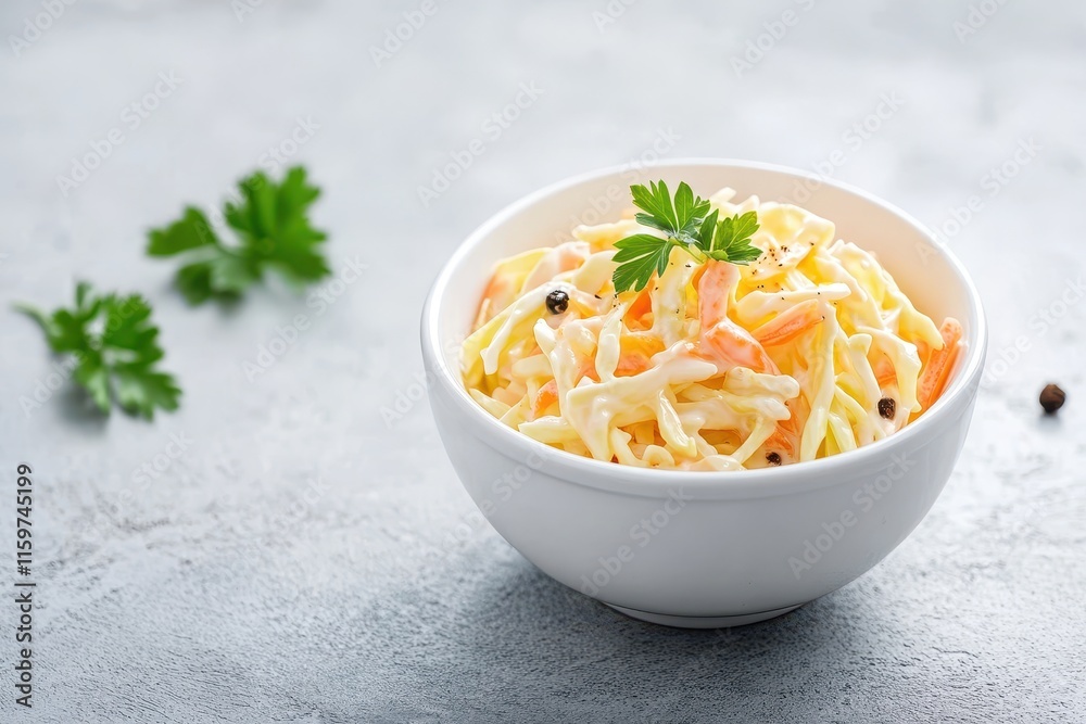 Shredded cabbage carrot and rhubarb salad with orange mayo in a white bowl on a light concrete surface Shredded cabbage carrot and rhubarb salad with orange mayo in a white bowl on a light concrete surface