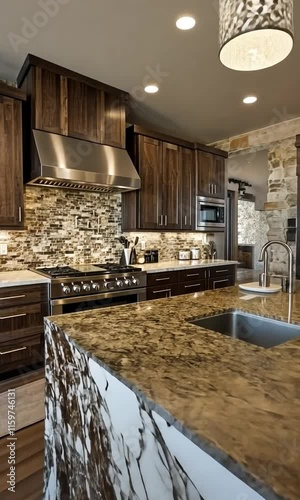 Modern kitchen featuring dark wood cabinets and a striking marble island with decorative lighting.