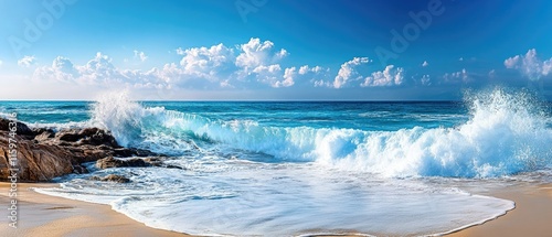 Fototapeta Naklejka Na Ścianę i Meble -  Ocean waves crashing on a sandy beach under a bright blue sky.