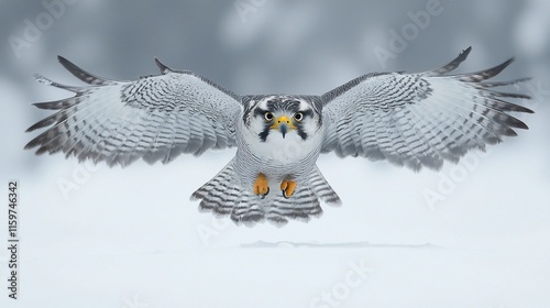 Gyrfalcon in flight, wings spread, landing on snow.