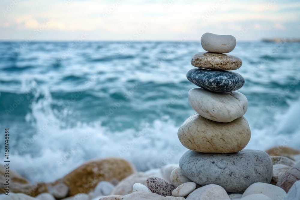 Stones on a sea backdrop represent harmony and balance in life and emotions Stones on a sea backdrop represent harmony and balance in life and emotions