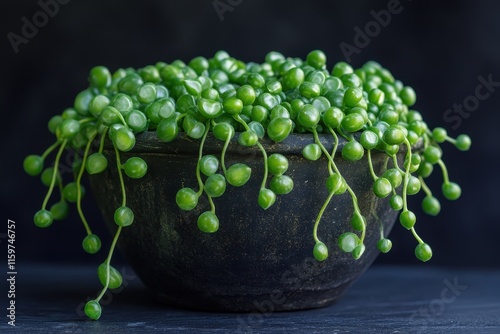 String of Pearls plant with bead shaped leaves on a dark backdrop photo