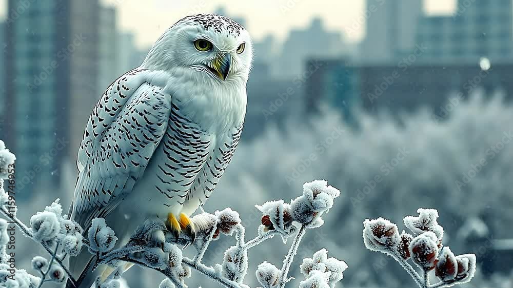 A majestic snowy owl perched on a frosted branch with a cityscape in the background.