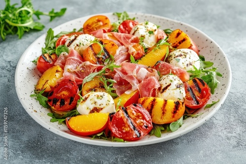 Summer salad featuring mozzarella tomatoes prosciutto and grilled peaches on a white plate against a gray concrete backdrop Overhead view