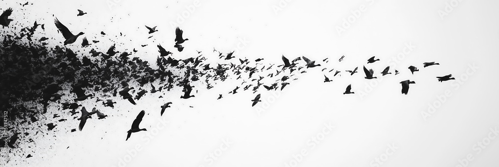 Obraz premium A stunning portrayal of birds in flight, creating a dynamic sense of movement against a white backdrop.