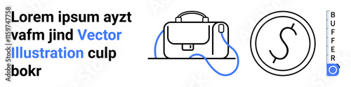 Lorem ipsum text, business briefcase, dollar sign coin, and Buffer icon. Ideal for business presentations, financial services, marketing materials, online tools, educational content, branding assets