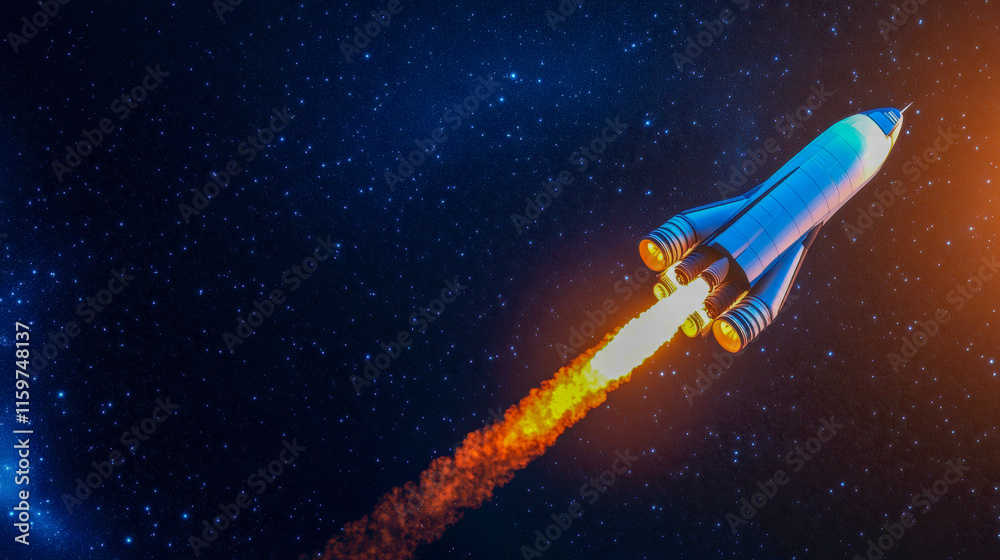 A futuristic rocket launching into the vastness of space, leaving a trail of fiery propulsion against a starry background. A futuristic rocket launching into the vastness of space, leaving a trail of fiery propulsion against a starry background.