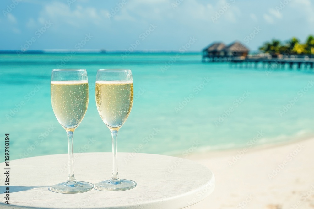 Toast with champagne glasses on a beach table by the sea during summer festivities Toast with champagne glasses on a beach table by the sea during summer festivities