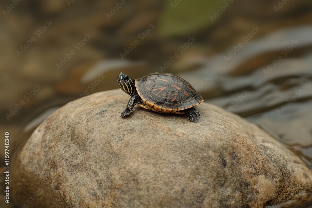 Obraz premium Detailed closeup photo of baby turtle on rock by river