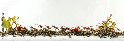 A colony of red ants foraging over soil and roots, showcasing their teamwork in nature. photo