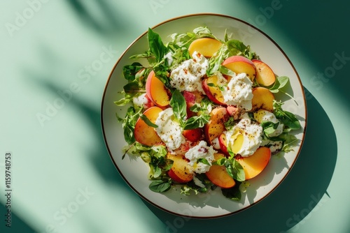 Top down view of a summer fruit salad featuring peach goat cheese and herbs brightly lit against a colorful background