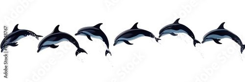 A dynamic series of dolphins gracefully leaping above the water's surface. photo