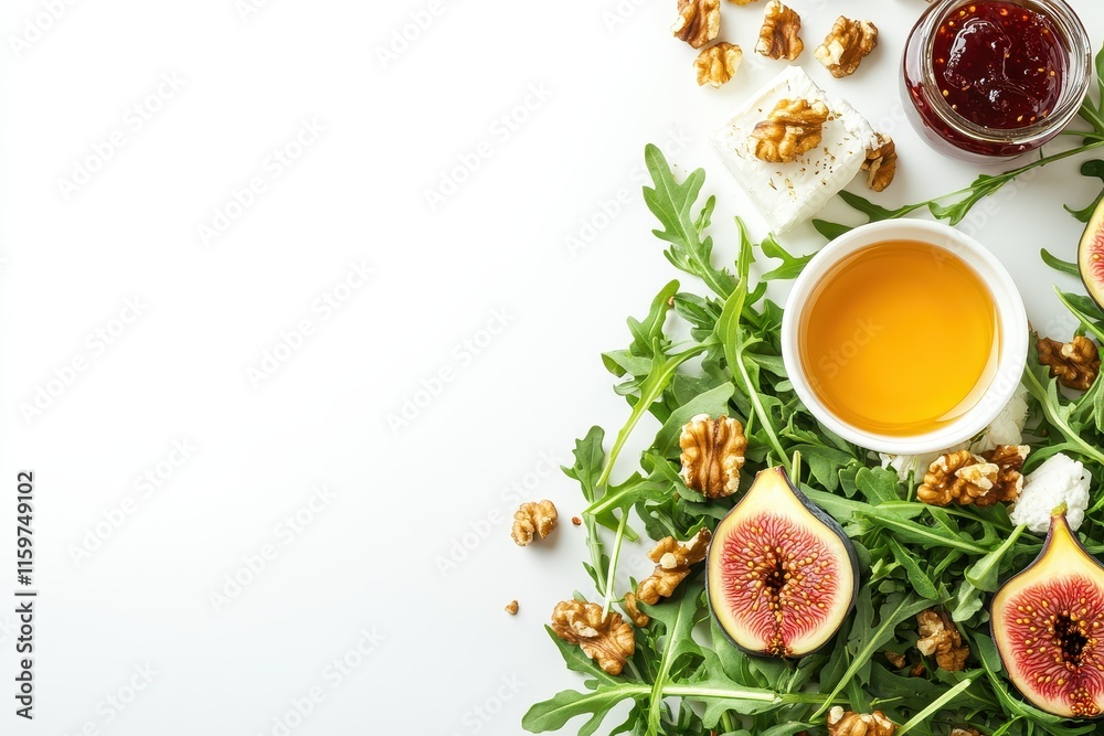 Top view of a fig salad featuring goat cheese walnuts arugula and jam dressing on a white background Top view of a fig salad featuring goat cheese walnuts arugula and jam dressing on a white background