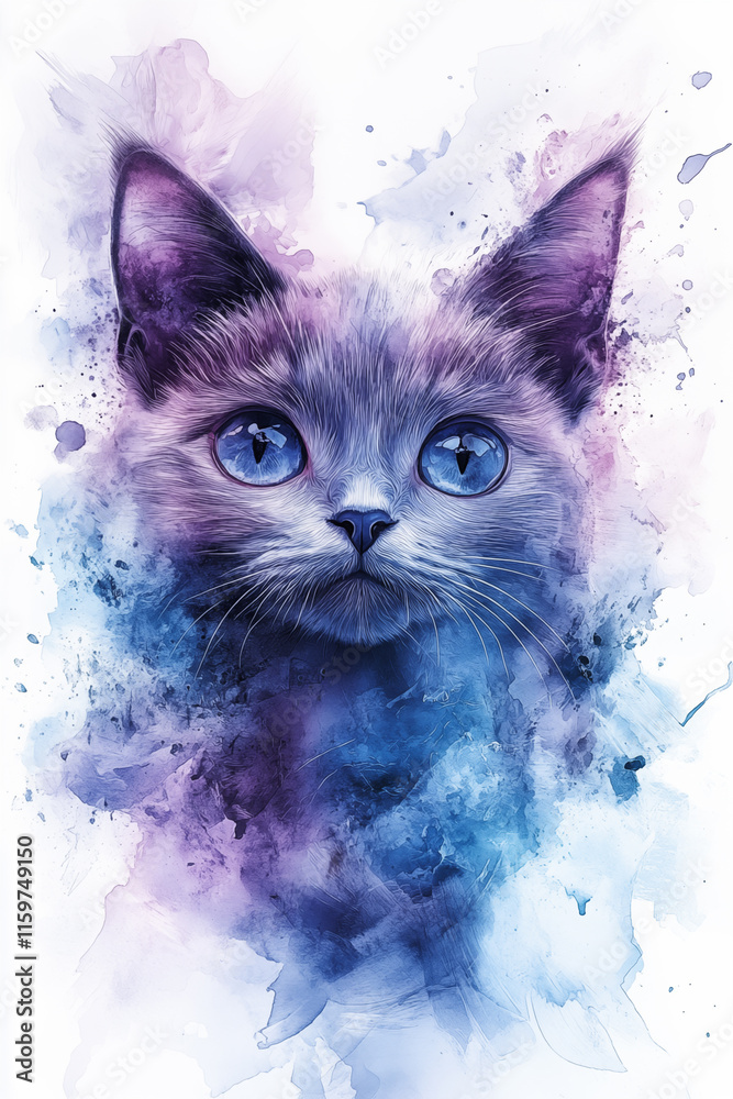 Fototapeta premium Abstract portrait of a cat in blue and purple colors