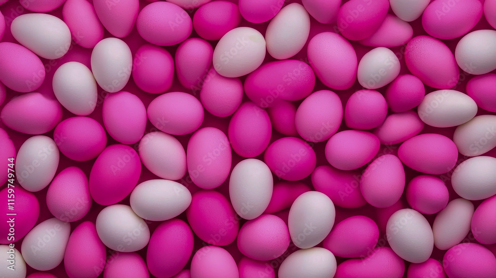 A vibrant array of decorative eggs in various shades of pink and white, perfect for celebrating springtime festivities and Easter traditions. A vibrant array of decorative eggs in various shades of pink and white, perfect for celebrating springtime festivities and Easter traditions.