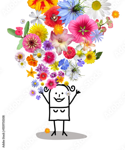 Hand drawn Cartoon stick man Throwing Up a Colorful spring summer flowers bunch - photographic collage