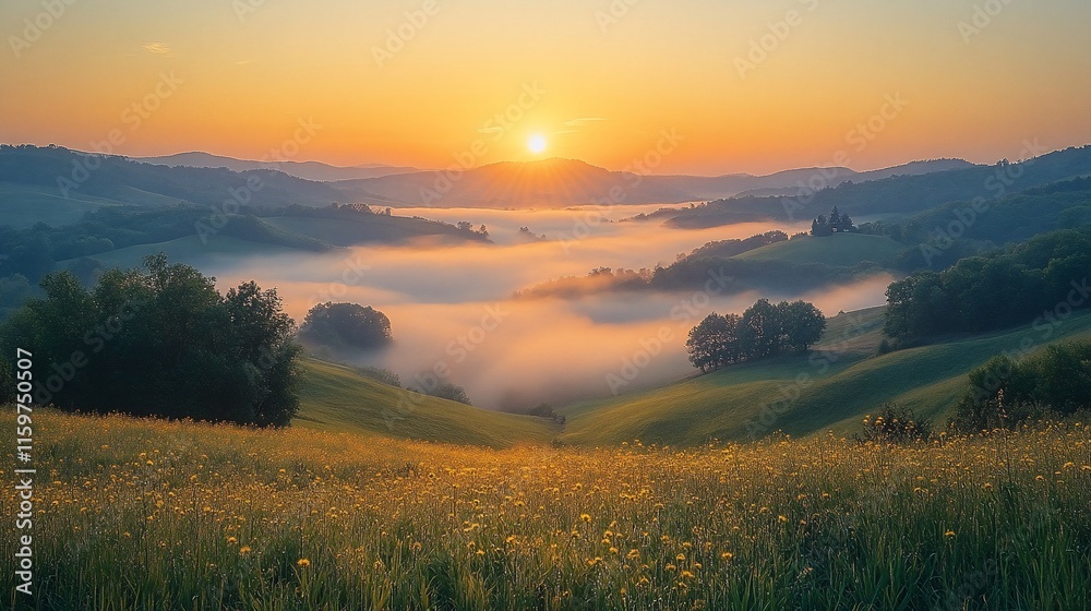 Fototapeta premium Sunrise over rolling hills and misty valleys with wildflowers