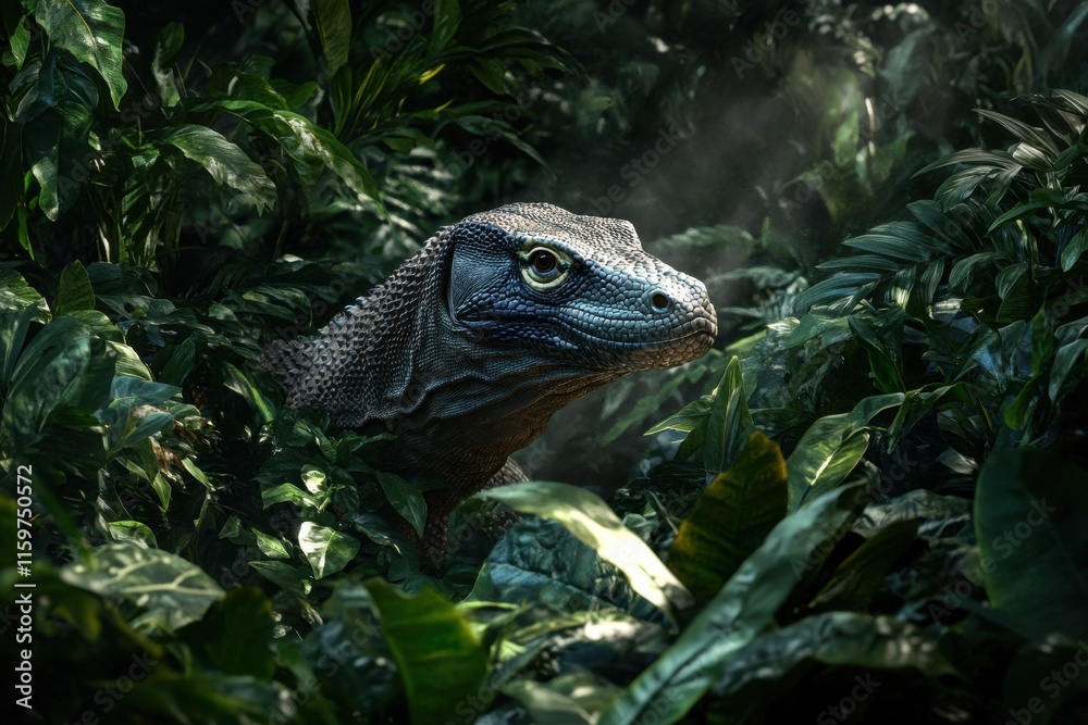 Detailed photo of Komodo dragon in lush jungle setting Detailed photo of Komodo dragon in lush jungle setting