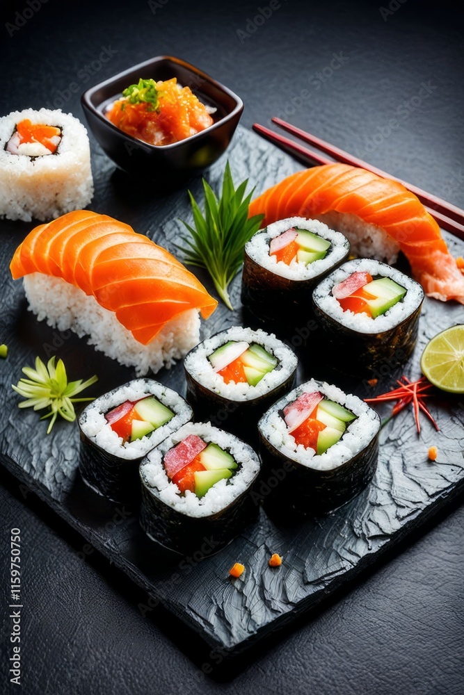 Beautifully arranged sushi selection with fresh fish, vibrant vegetables, and rice. Perfect for showcasing Japanese cuisine, appealing to food enthusiasts and culinary professionals alike. Beautifully arranged sushi selection with fresh fish, vibrant vegetables, and rice. Perfect for showcasing Japanese cuisine, appealing to food enthusiasts and culinary professionals alike.