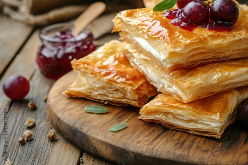 Traditional Portuguese pastries Pasteis de Vouzela on a counter filo dough filled with brie grapes and jam photo