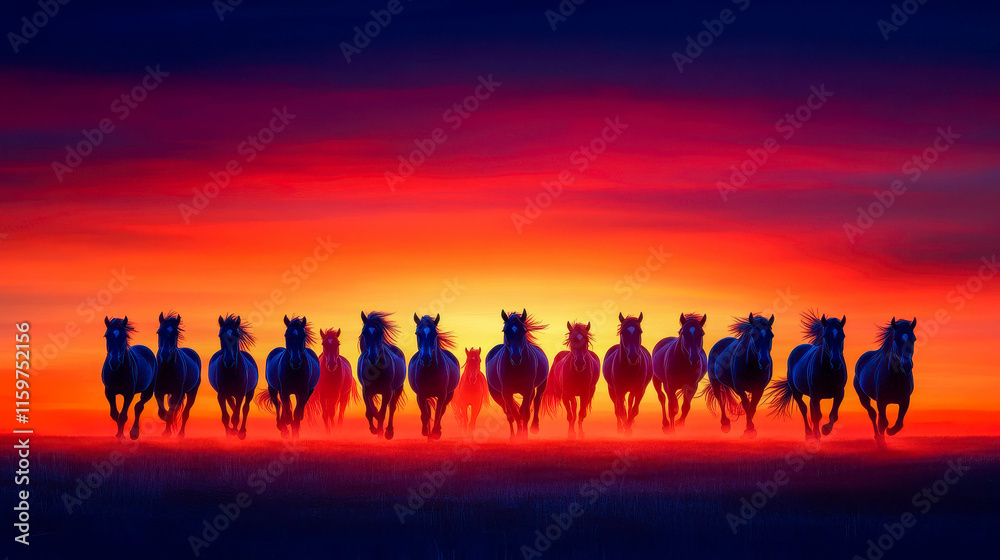 Fototapeta premium A stunning collection of silhouetted horses galloping into the vibrant sunset, creating a breathtaking display of nature's beauty and freedom.