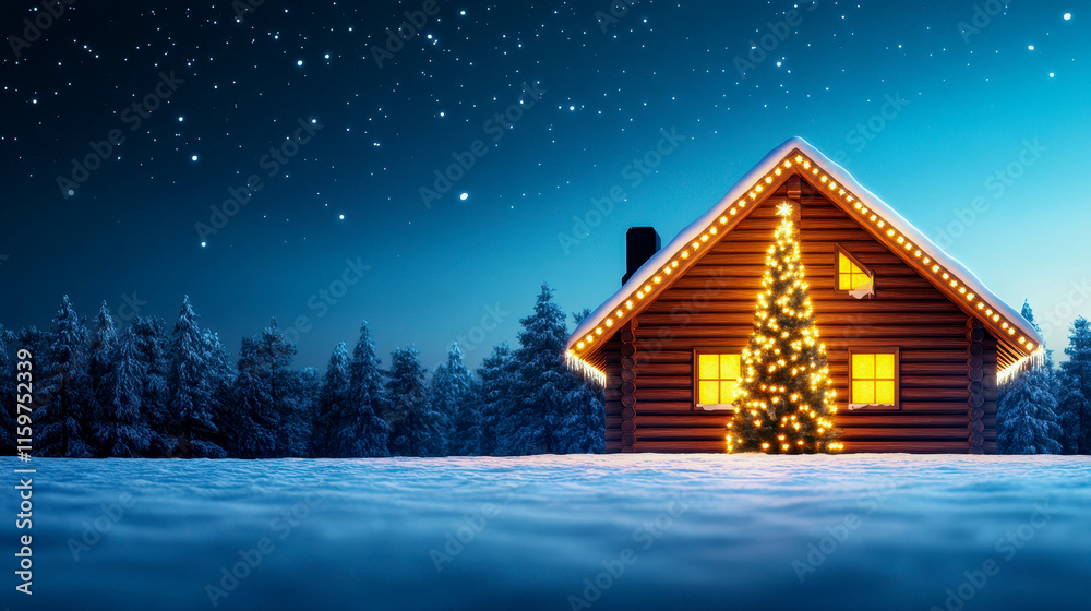 A picturesque log cabin adorned with festive lights and a bright Christmas tree under a starlit winter sky A picturesque log cabin adorned with festive lights and a bright Christmas tree under a starlit winter sky